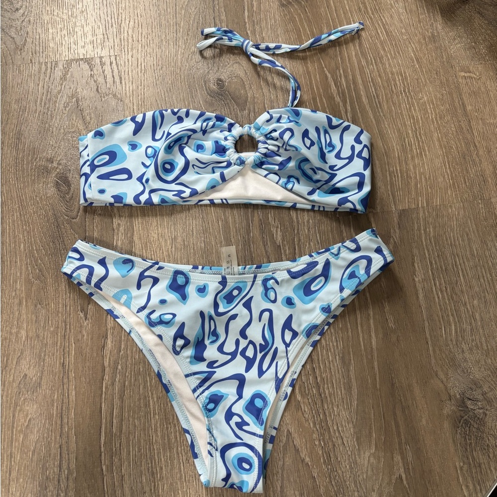 Blue and White Patterned Bikini Set